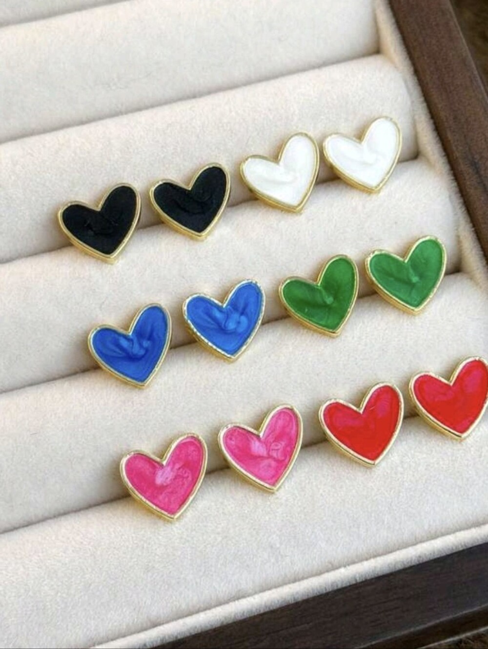6 Pair Gold-Trim Heart Enamel Stud Earrings - Multi Color Options